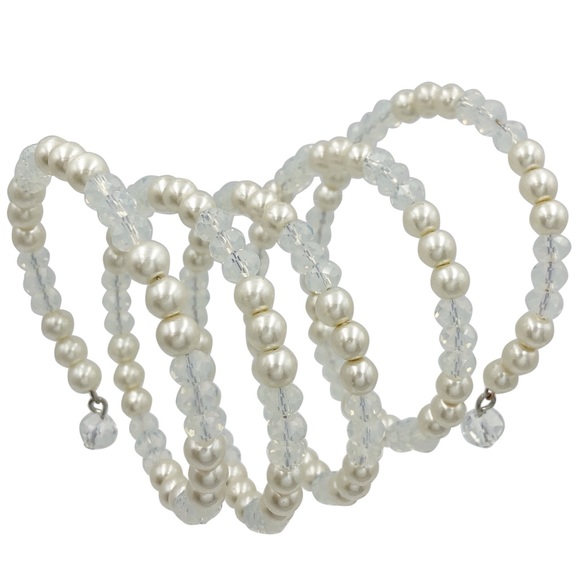 White Pearl Glass Beaded Wrap Around Fancy Layered Bracelet - Picture 1 of 2
